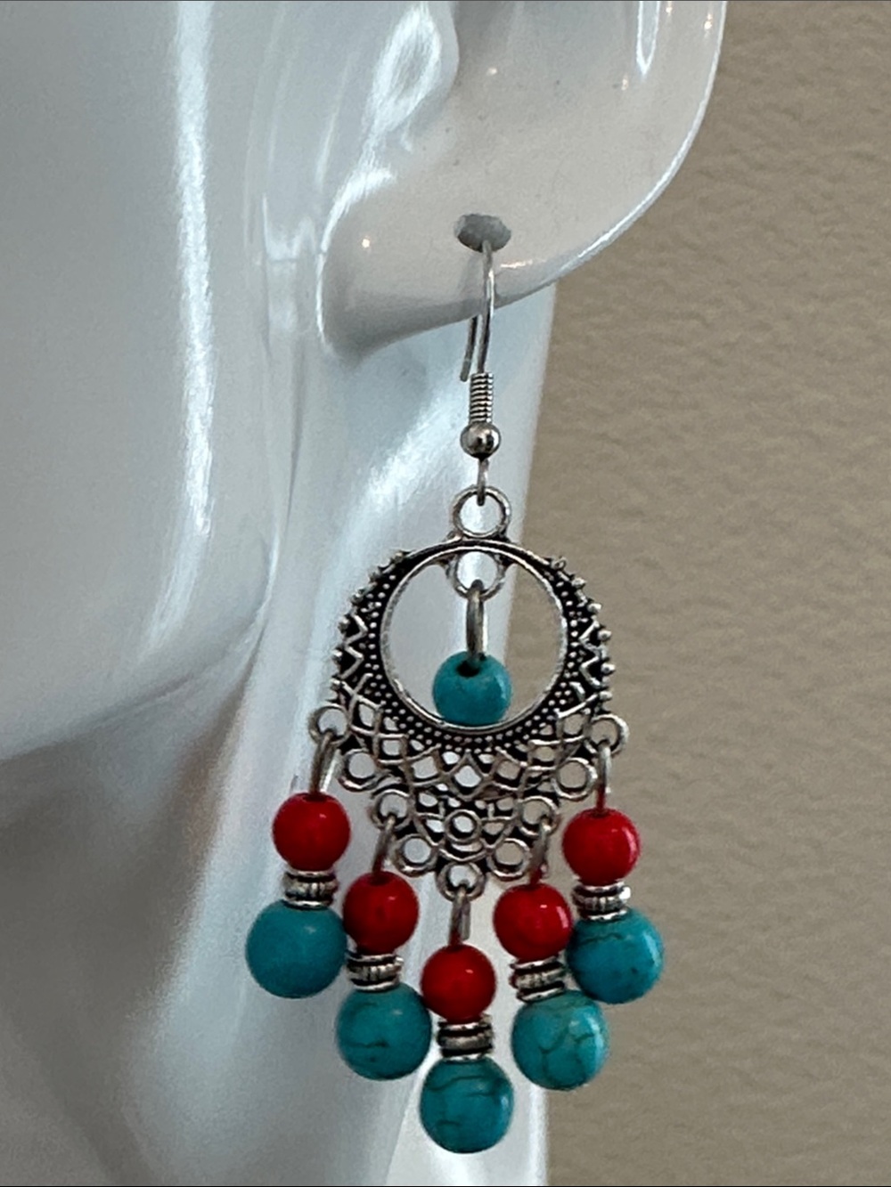 Fashion Jewelry Turquoise and Red Beaded Chandelier Earrings - Picture 3 of 8